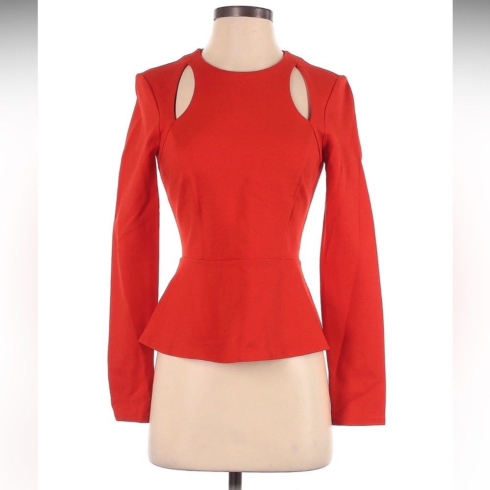 BCBGMAXAZRIA Red Stretch Cut-out Peplum Zip Top